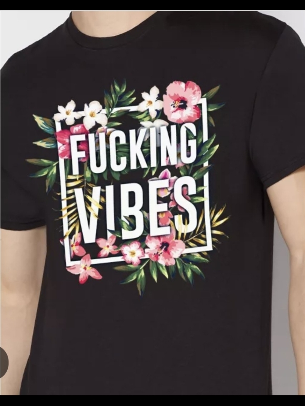 Spencer's Black Graphic Tee with Floral 'Fucking Vibes' Design